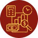 Financial imagery including a calculator, currency, time, and a magnifying glass showing a dollar sign
